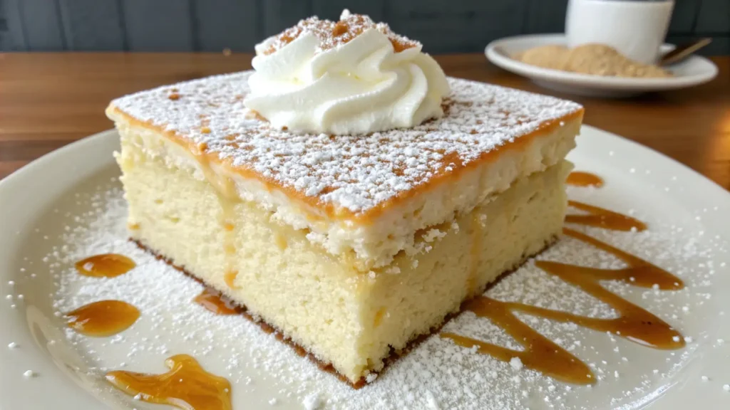 A thick slice of Triple Leches Cake topped with whipped cream, powdered sugar, and caramel drizzle on a white plate.