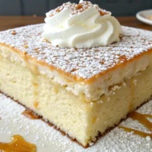 A close-up slice of Triple Leches Cake topped with whipped cream, powdered sugar, and caramel drizzle, showing its moist, airy texture.