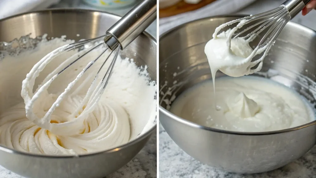 Whipped egg whites in a stainless-steel bowl, shown at soft and medium-stiff peak stages with a whisk lifting the airy mixture.
