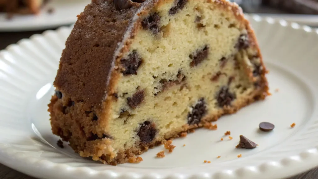 Slice of chocolate chip bundt cake showing a moist, tender crumb with melted chocolate chips on a white plate.