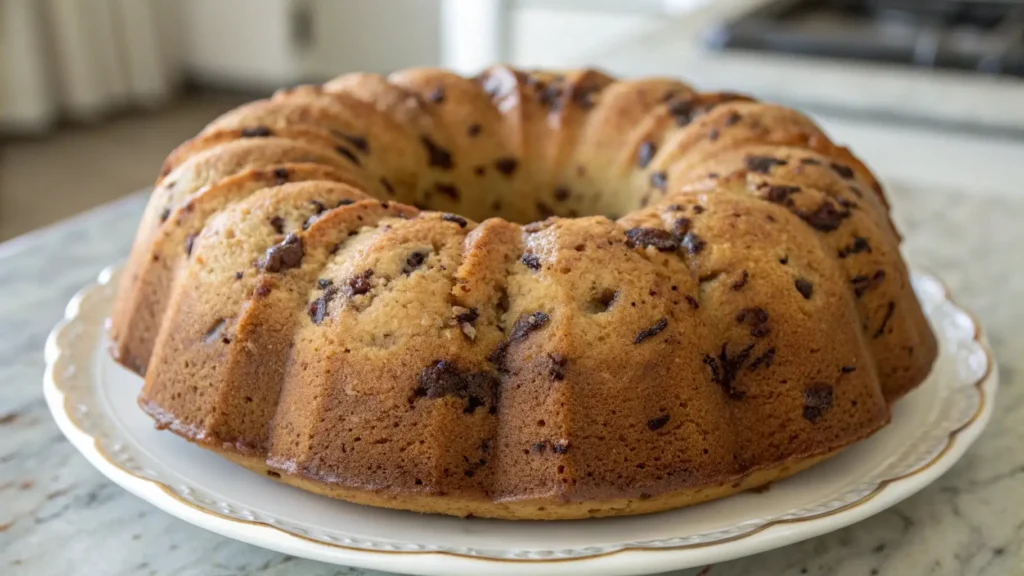 Chocolate chip bundt cake with a golden crust and visible chocolate chips on a white plate.