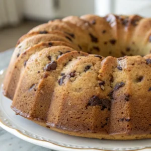 Chocolate chip bundt cake with a golden-brown crust and visible chocolate chips, displayed on a white serving plate.