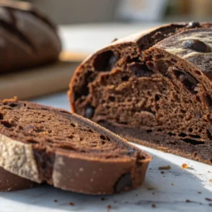 Sliced chocolate sourdough bread on a marble surface, showing its rich cocoa crumb and chocolate chips, with a second loaf blurred in the background.