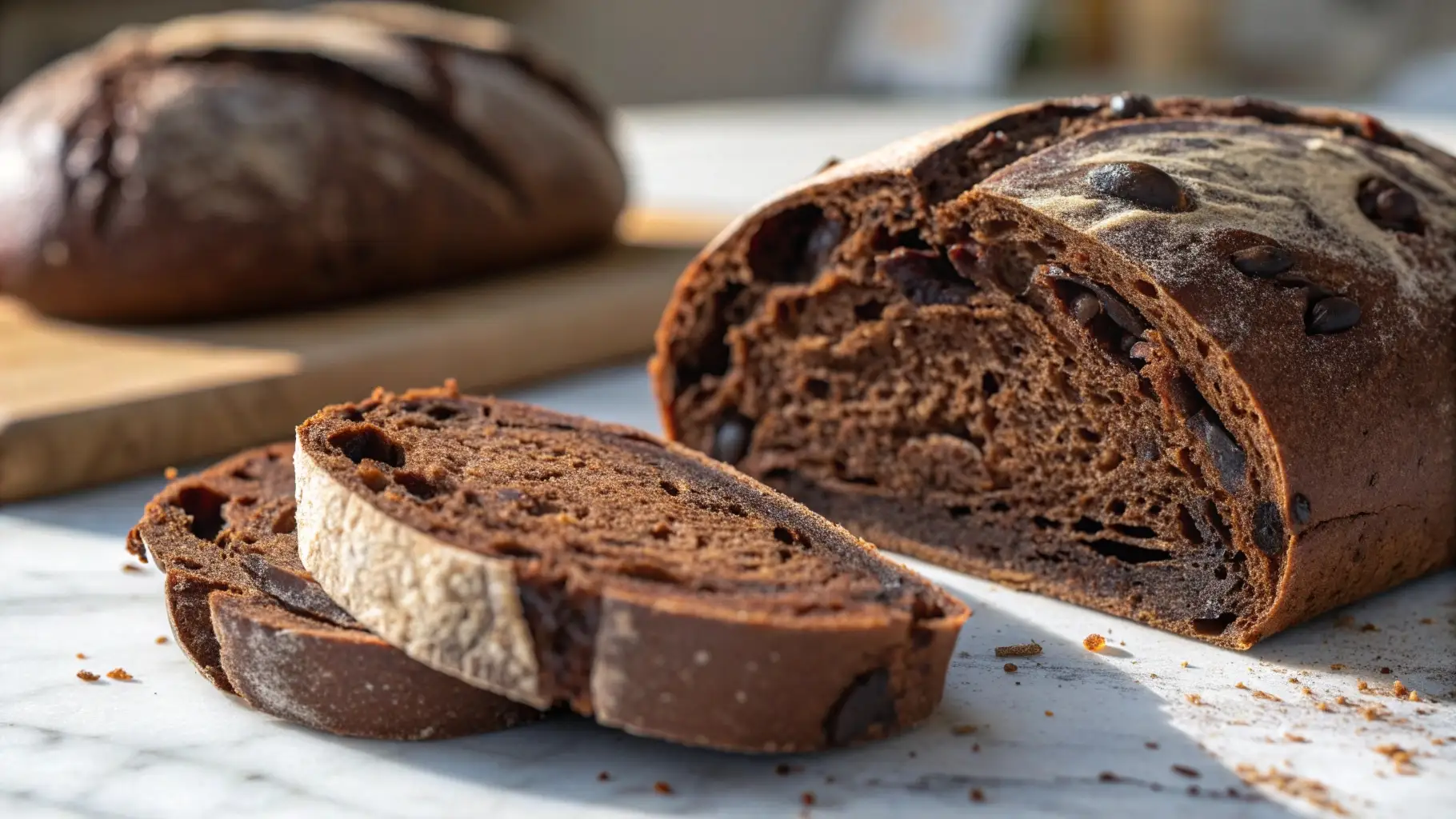 Sliced chocolate sourdough bread on a marble surface with a rustic loaf in the background, showing its rich cocoa crumb and chocolate chips.