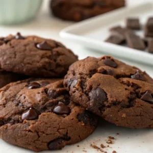 Freshly baked double chocolate chip cookies with melted chocolate chips on a parchment surface.