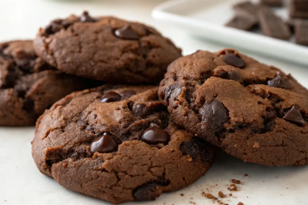 Freshly baked double chocolate chip cookies with melty chocolate chips on a parchment surface.