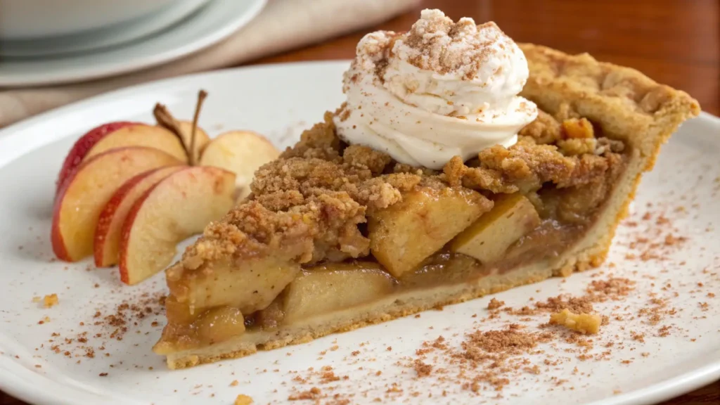Slice of Dutch apple pie topped with whipped cream and a crispy streusel crumble, served on a white plate with fresh apple slices and cinnamon sprinkled around.