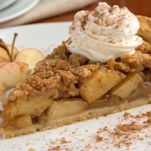 Slice of Dutch apple pie with a crispy streusel topping, topped with whipped cream and served with fresh apple slices on a white plate.