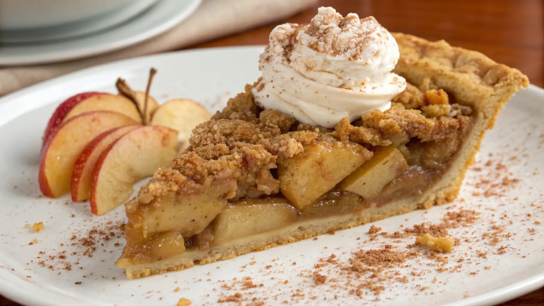 Slice of Dutch apple pie topped with whipped cream and a crispy streusel crumble, served on a white plate with fresh apple slices and cinnamon sprinkled around.
