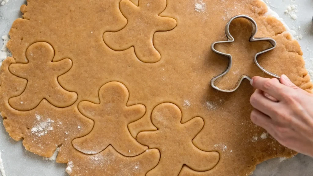 Hand using a gingerbread man cookie cutter to cut shapes from rolled gingerbread cookie dough on a floured surface.