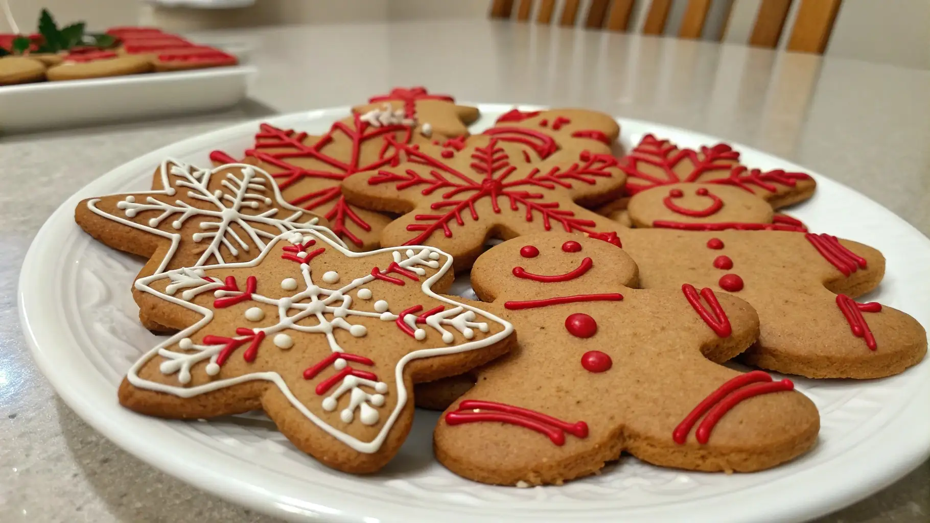 Decorated gingerbread cookies with red and white icing arranged on a white plate, including gingerbread men and snowflake-shaped cookies.
