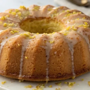 Moist lemon bundt cake drizzled with lemon glaze and sprinkled with fresh lemon zest on a serving plate.