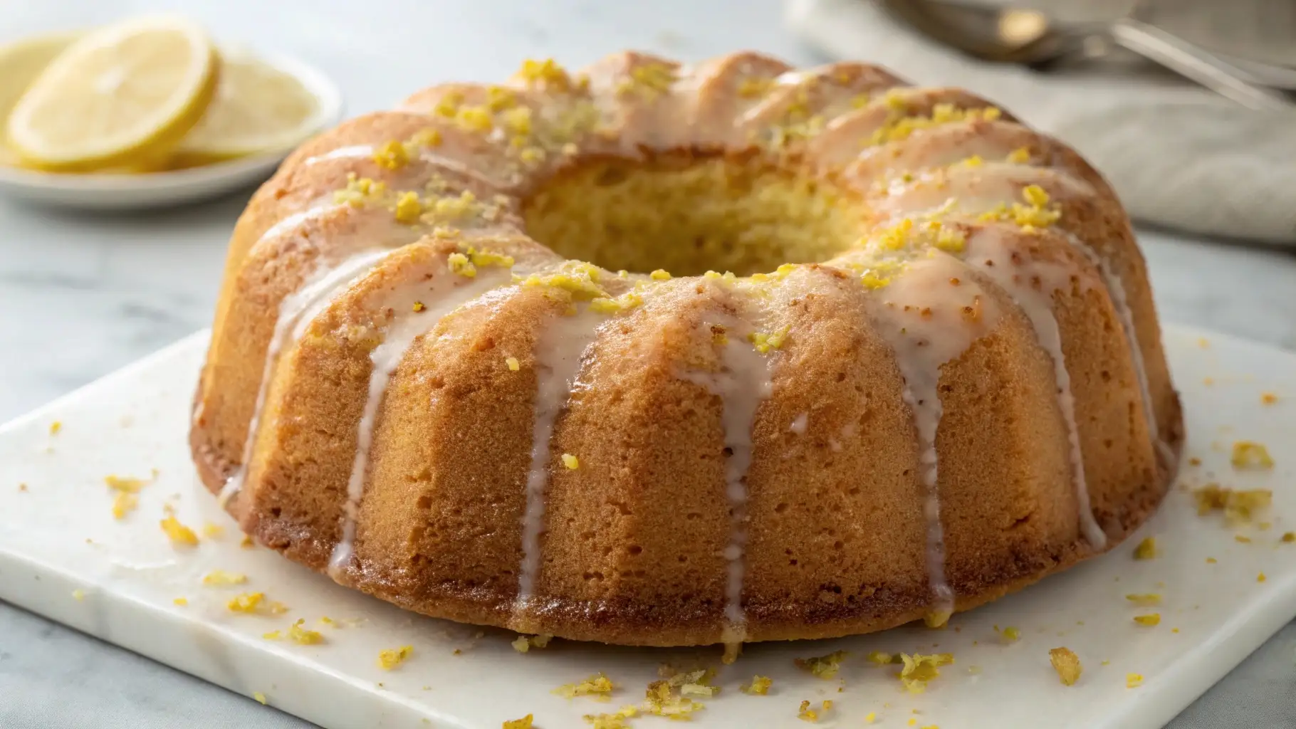 Lemon bundt cake topped with glossy lemon glaze and fresh lemon zest on a white serving board.
