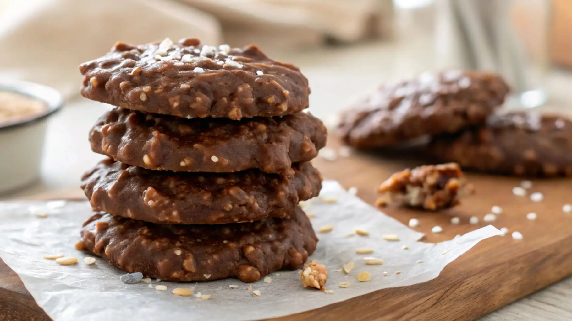 Stack of no bake chocolate oatmeal cookies on parchment on a wooden board, with oat flakes and crumbs scattered nearby.