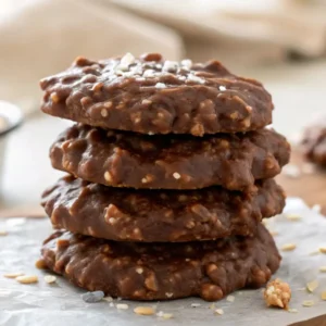 Stack of fudgy no bake chocolate oatmeal cookies with visible oats, resting on parchment paper with scattered oat flakes.
