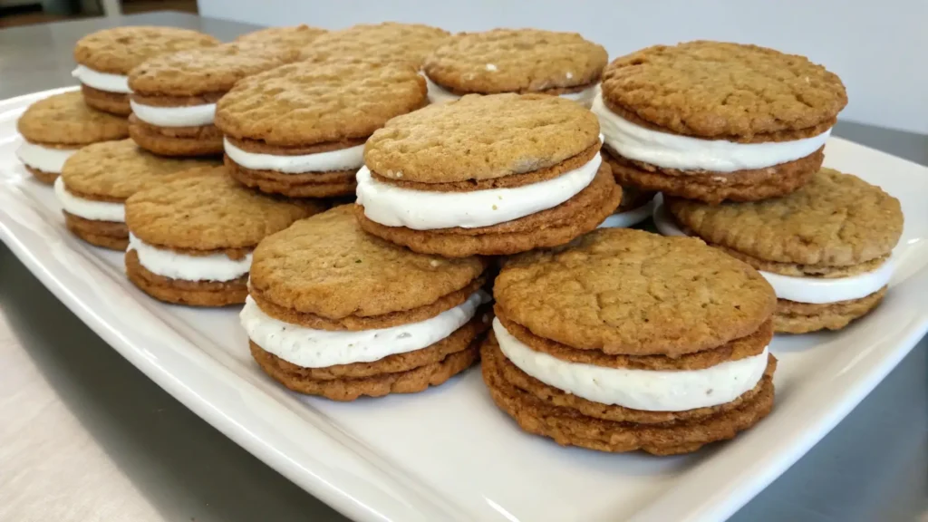 Homemade oatmeal cream pies stacked on a white platter with soft oatmeal cookies and thick vanilla cream filling.