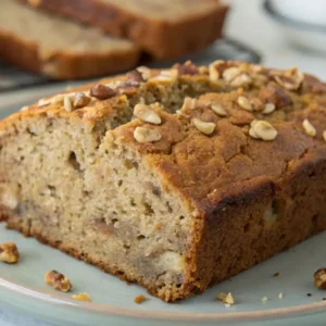 A sliced loaf of protein banana bread topped with chopped nuts on a plate.