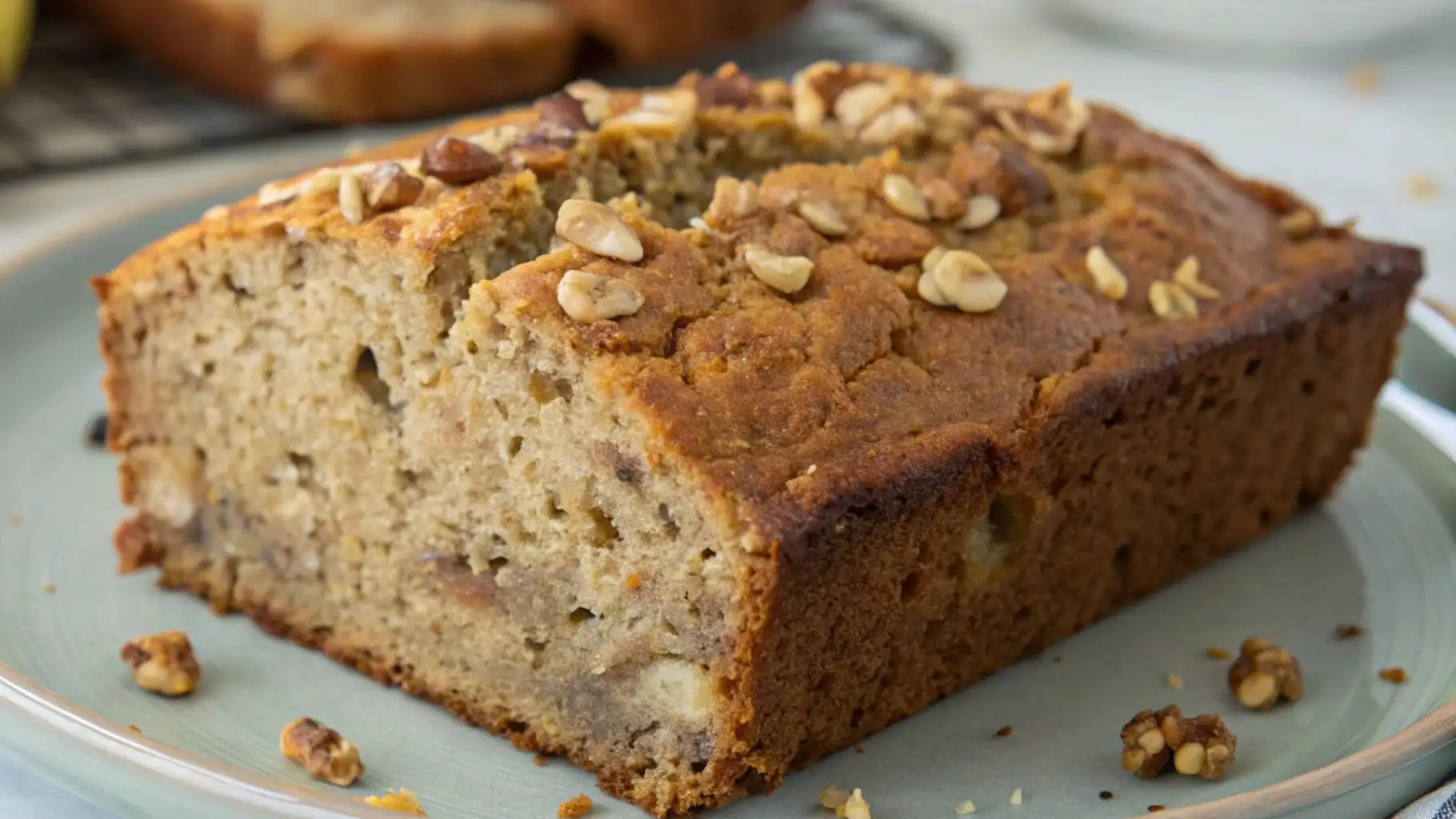 Moist protein banana bread loaf topped with chopped nuts, sliced and served on a plate.