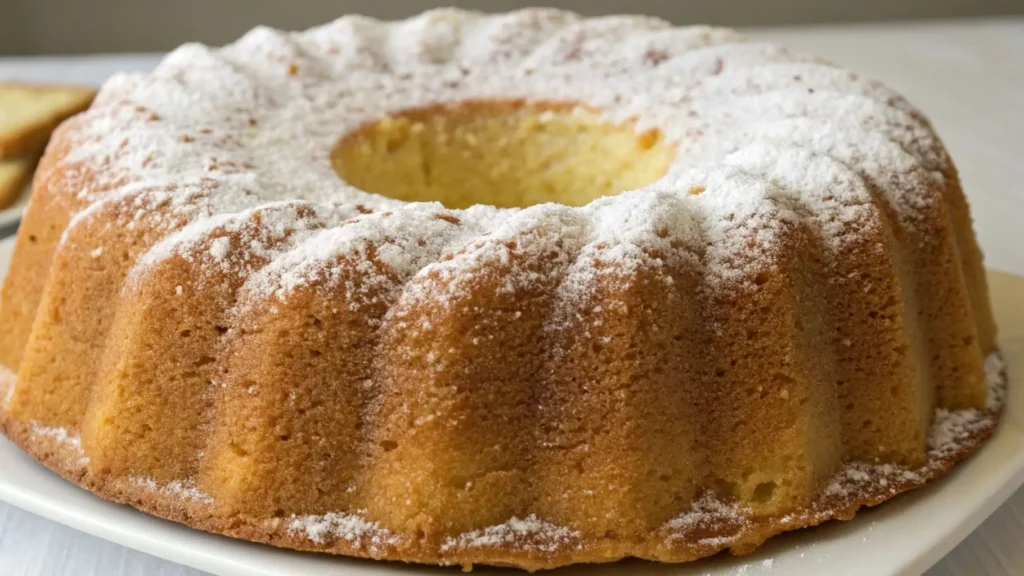 Moist sour cream pound cake baked in a fluted bundt pan, dusted with powdered sugar and displayed on a white plate.