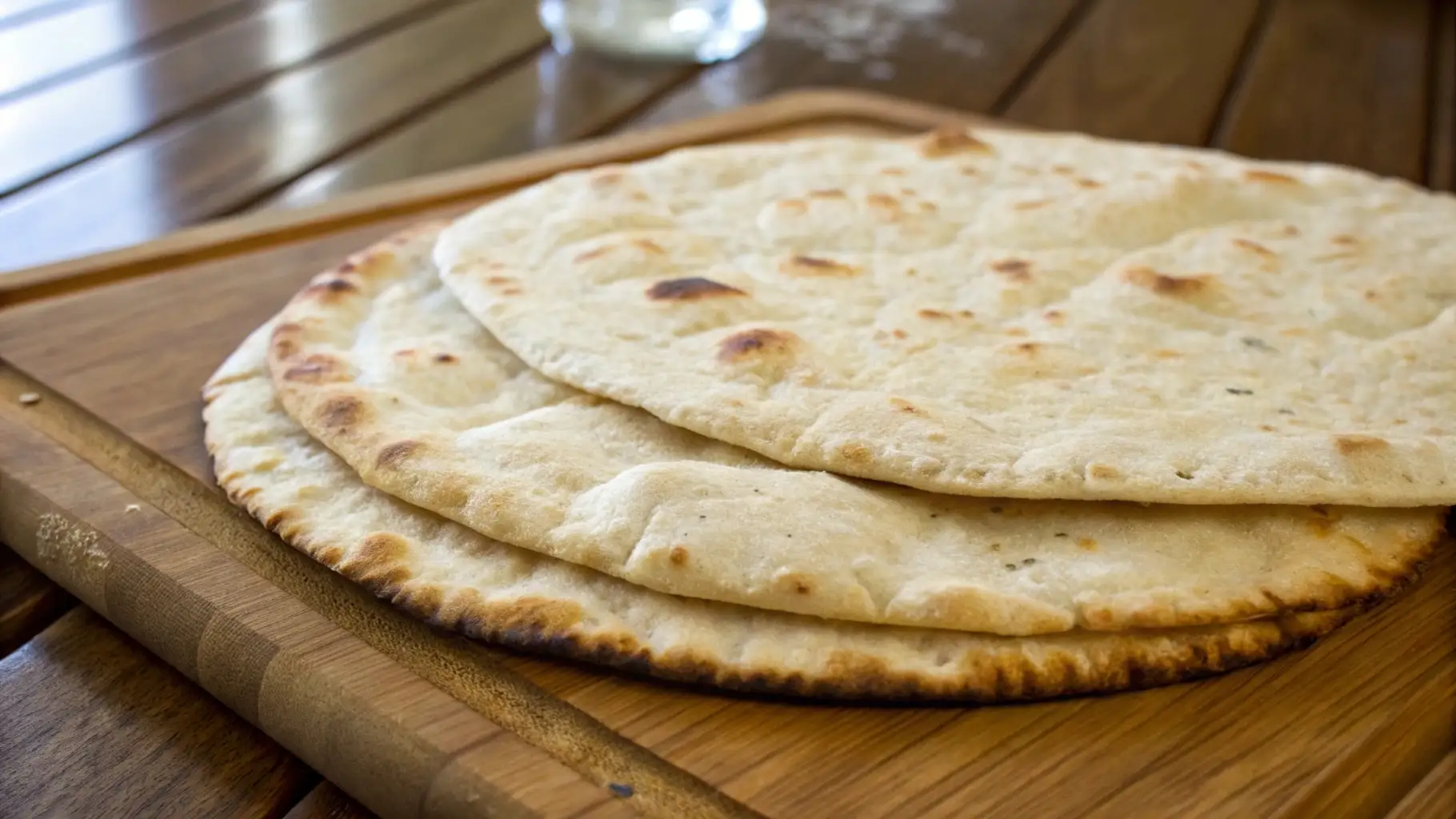 Soft, golden unleavened bread stacked on a wooden cutting board.