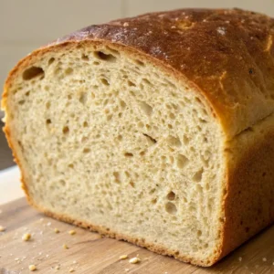 Close-up of a sliced homemade wheat bread loaf showing a soft, airy crumb and golden-brown crust on a wooden cutting board.