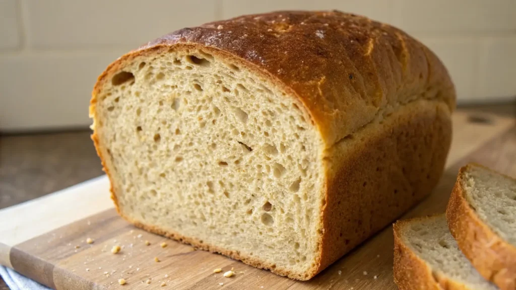 Freshly baked wheat bread loaf with a golden crust and soft, airy crumb, sliced on a wooden cutting board.