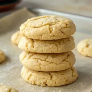 Stack of soft and chewy 3 ingredient cake mix cookies with lightly cracked tops on parchment paper