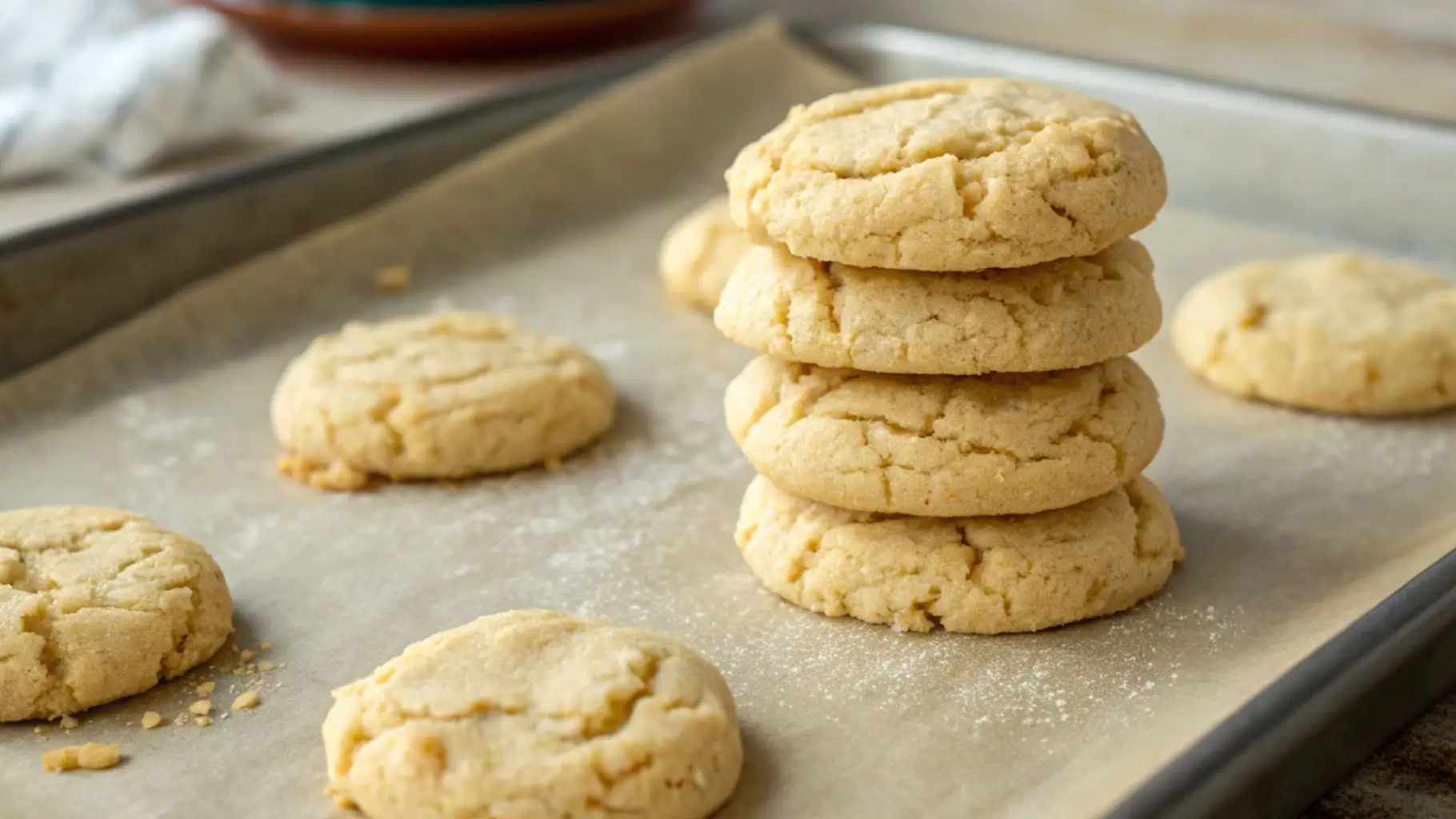 Stack of soft and chewy 3 ingredient cake mix cookies cooling on a parchment-lined baking sheet