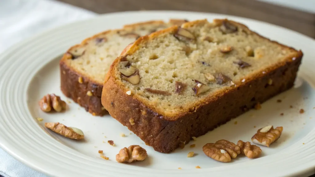Banana Nut Bread Legendary Soft Slice Made Simple 2 Two slices of moist banana nut bread with visible walnut pieces, served on a white plate with scattered walnuts.