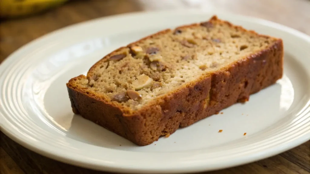 Banana Nut Bread Legendary Soft Slice Made Simple 3 Single slice of moist banana nut bread with visible nut pieces, served on a white plate.