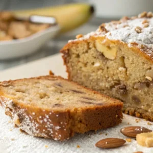 Banana Nut Bread Legendary Soft Slice Made Simple 4 Slice of moist banana nut bread with visible nuts and powdered sugar, served beside the remaining loaf on parchment paper.