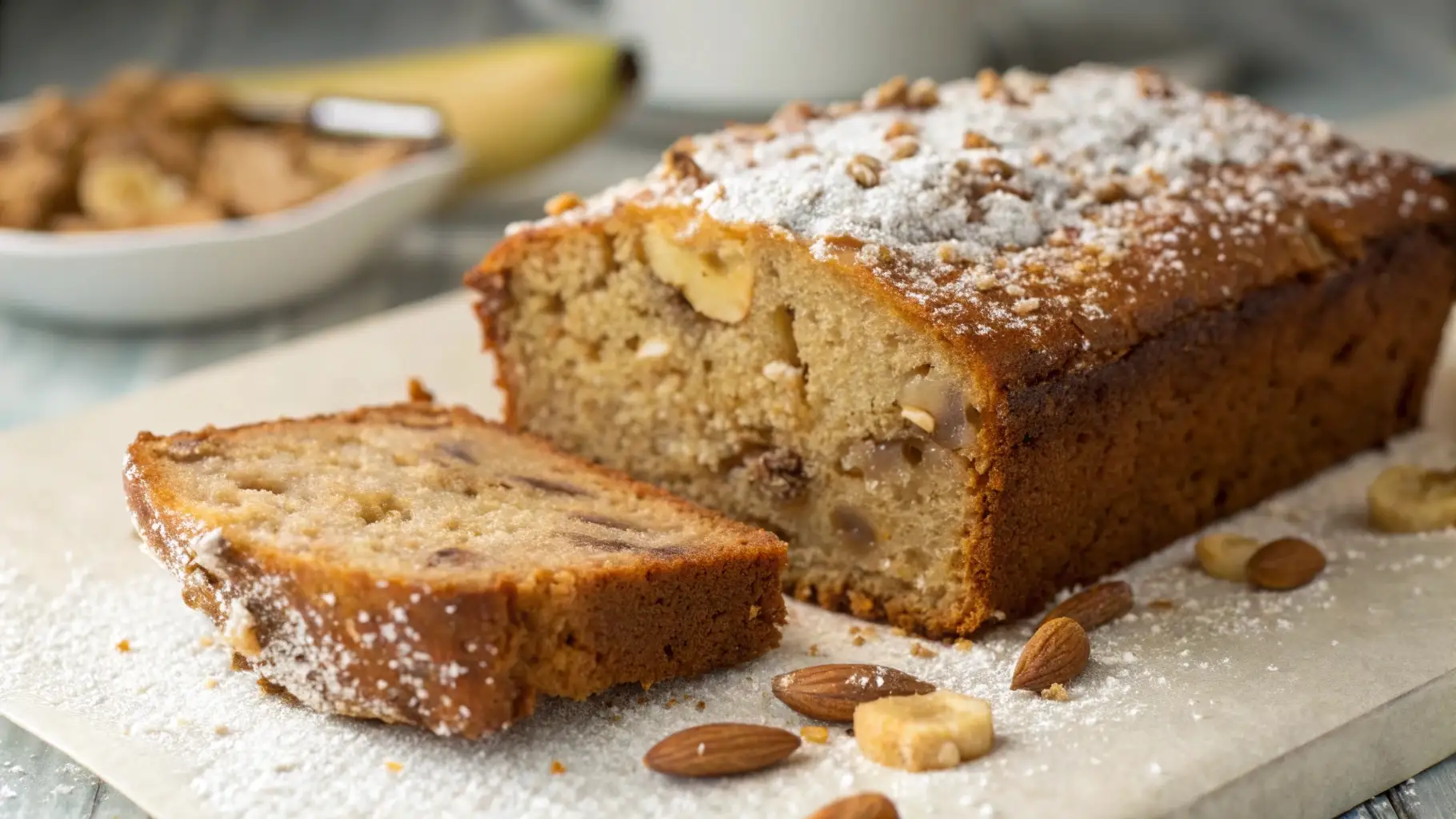 Banana Nut Bread Legendary Soft Slice Made Simple 1 Moist banana nut bread loaf with sliced piece, visible nuts, and powdered sugar on top, served on parchment paper.