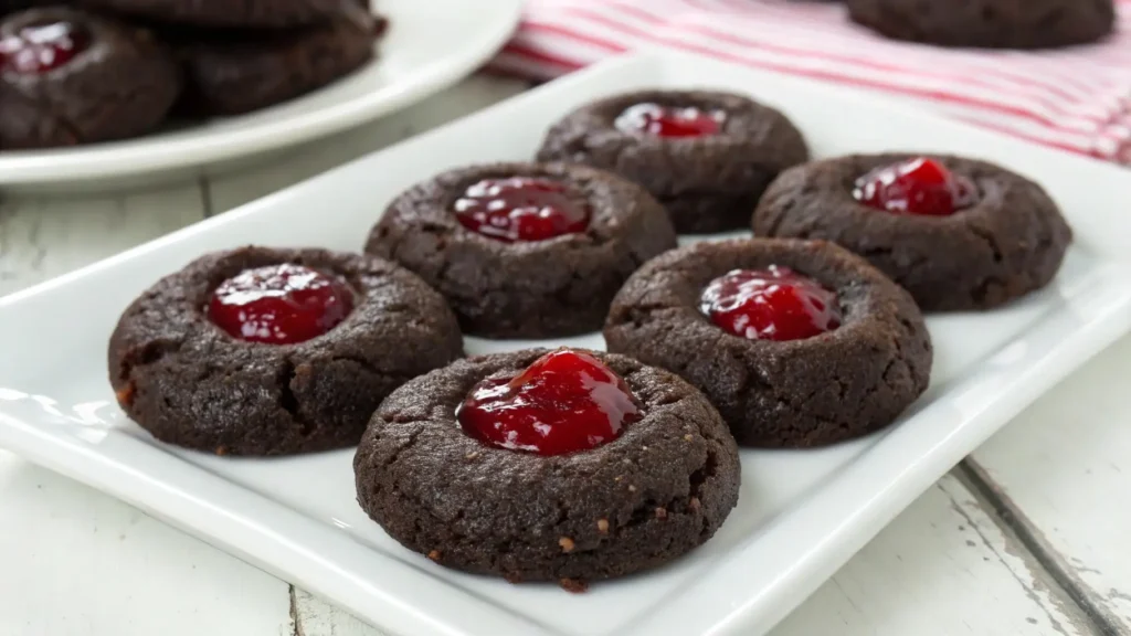 Chocolate Black Forest thumbprint cookies filled with glossy cherry jam, arranged on a white serving plate.