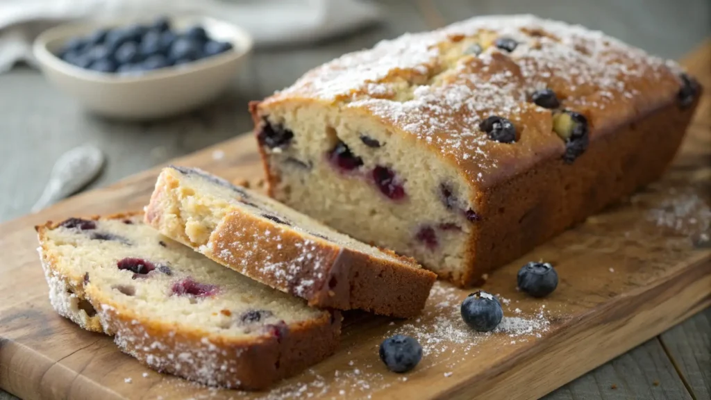 Moist blueberry banana bread loaf sliced on a wooden board, studded with fresh blueberries and lightly dusted with powdered sugar.
