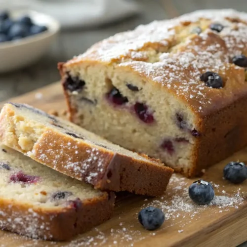 Moist blueberry banana bread loaf sliced on a wooden board, studded with fresh blueberries and lightly dusted with powdered sugar.