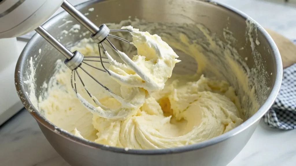 Hand mixer creaming butter and cream cheese in a metal bowl until smooth and fluffy.