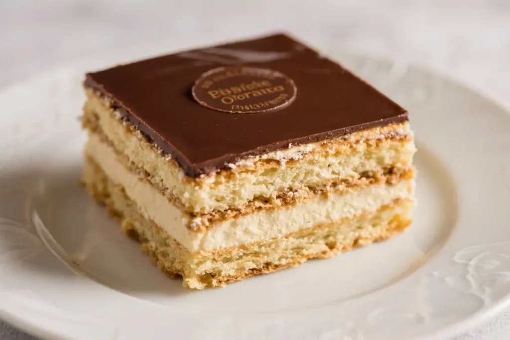 Slice of classic French Opera cake with layers of almond sponge, coffee buttercream, ganache, and glossy chocolate glaze on a white plate.