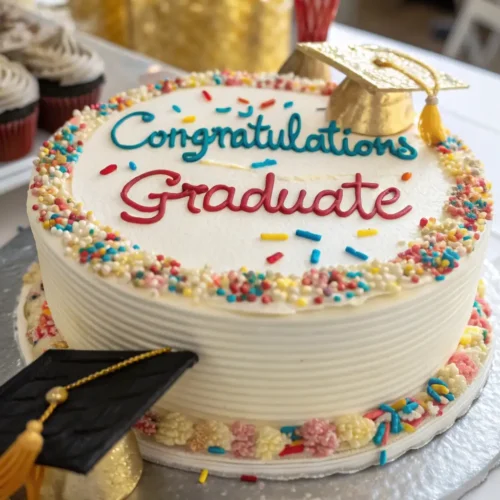 Round white buttercream graduation cake decorated with colorful sprinkles, “Congratulations Graduate” piping, and gold cap toppers on a party table.