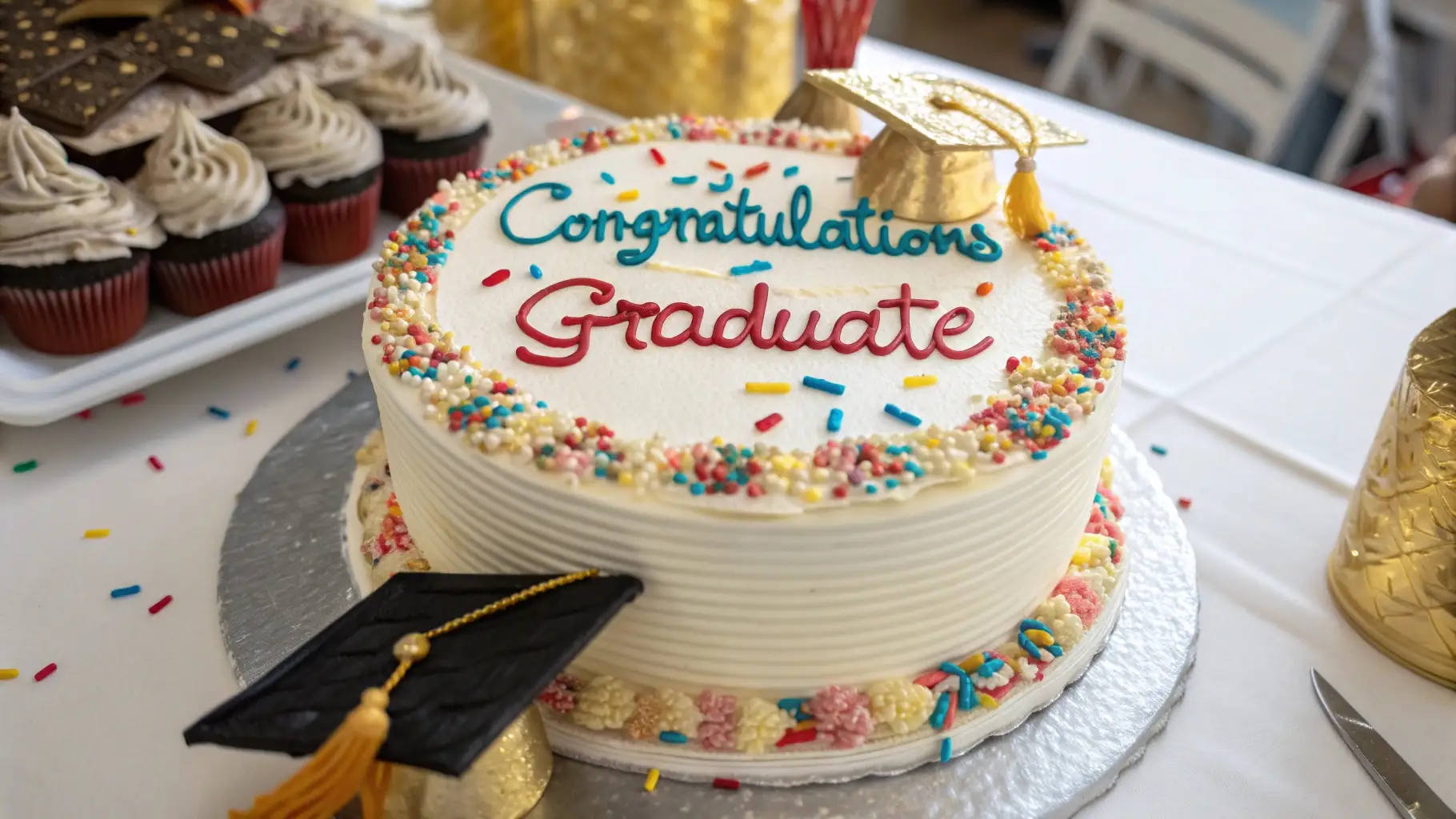 Round white buttercream graduation cake decorated with colorful sprinkles, “Congratulations Graduate” piping, and gold cap toppers on a party table.
