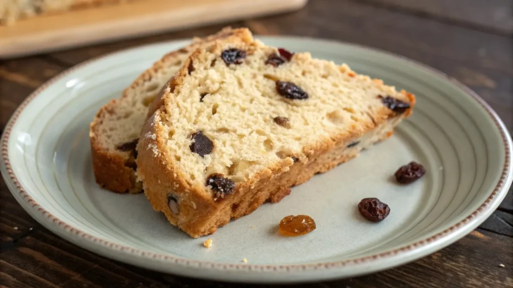 Irish Soda Bread Recipe Nostalgic Ultimate Classic 3 Slices of Irish soda bread with raisins on a ceramic plate, showing a tender crumb and golden crust.