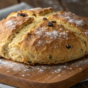 Irish Soda Bread Recipe Nostalgic Ultimate Classic 4 Freshly baked Irish soda bread loaf with a golden crust, traditional cross scoring, and raisins, lightly dusted with flour on a wooden board.