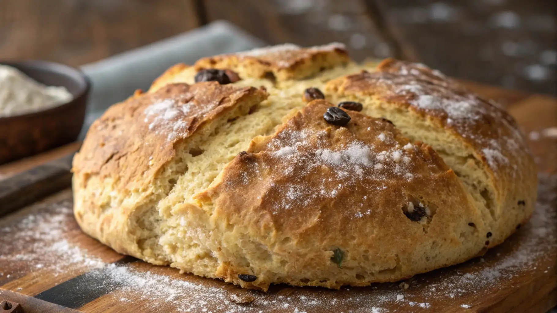 Irish Soda Bread Recipe Nostalgic Ultimate Classic 1 Freshly baked Irish soda bread with a golden crust, deep cross scoring, and raisins, resting on a wooden board dusted with flour.