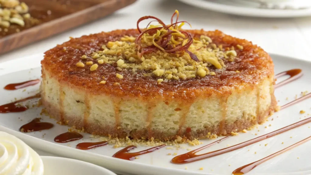 Golden kunafa cake topped with crushed pistachios and caramelized sugar, served on a white plate with syrup drizzle.