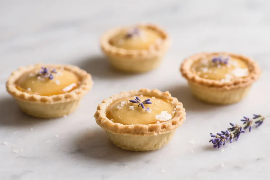 Mini honey lavender pies with flaky crusts, filled with glossy honey custard and topped with sea salt and dried lavender buds.