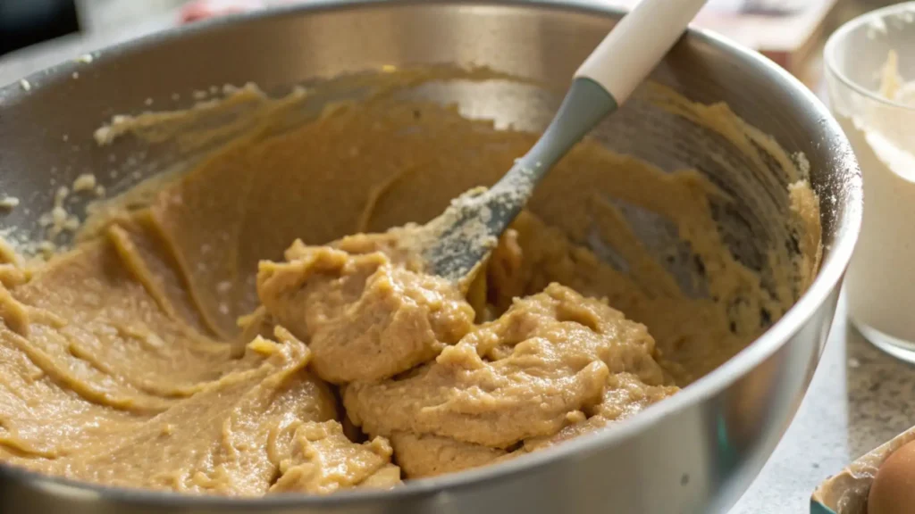 Thick cake mix cookie dough being mixed in a metal bowl with a spatula