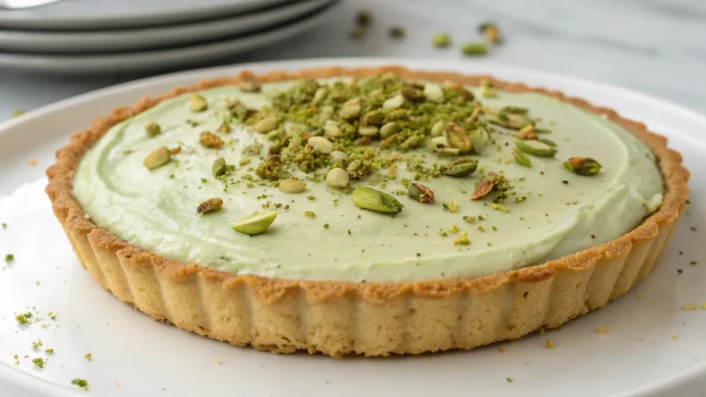 Pistachio cream pie with a smooth green filling in a buttery tart crust, topped with crushed pistachios.