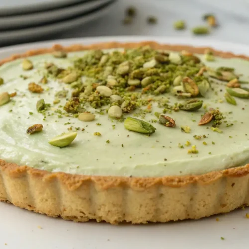 Pistachio cream pie with a smooth green filling in a buttery tart crust, topped with crushed pistachios.