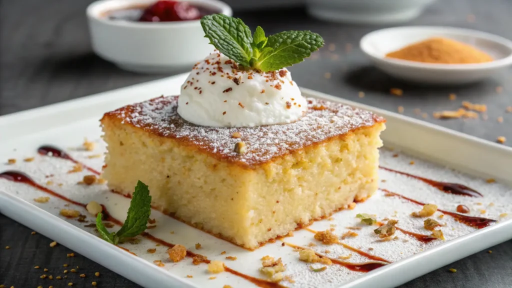 Slice of traditional revani cake made with semolina, soaked in lemon syrup, topped with whipped cream and fresh mint, served on a white plate.