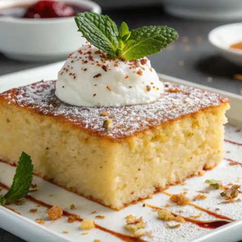 Slice of traditional revani cake made with semolina, soaked in lemon syrup, topped with whipped cream and fresh mint, served on a white plate.