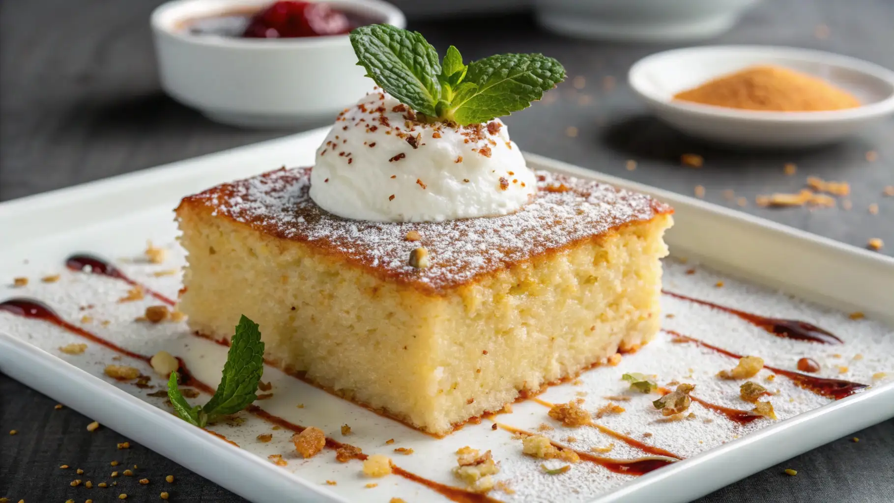 Slice of traditional revani cake made with semolina, soaked in lemon syrup, topped with whipped cream and fresh mint, served on a white plate.